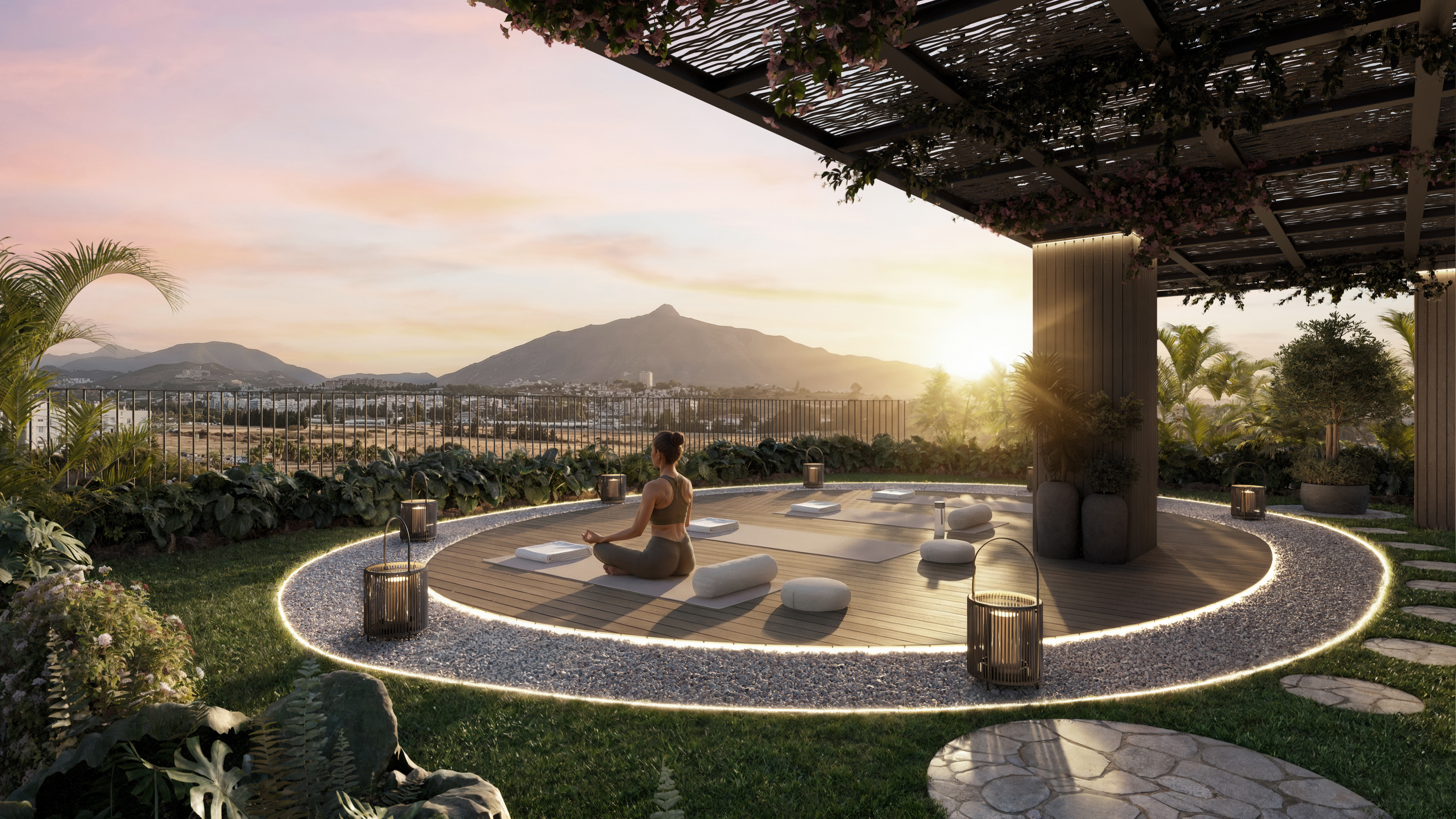 Shaded outdoor lounge area within the residents' gardens