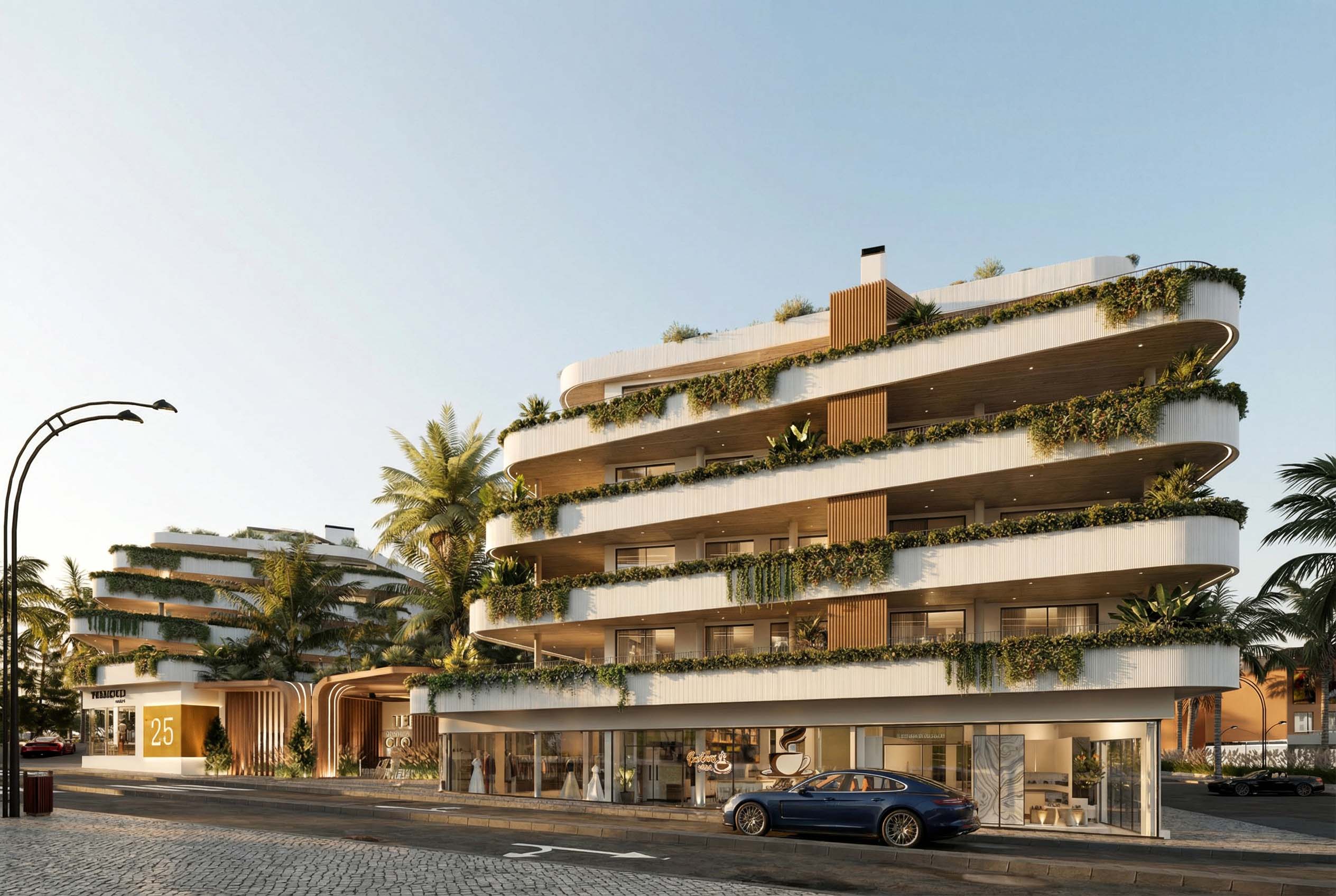 Street façade of the residential buildings with planted terraces
