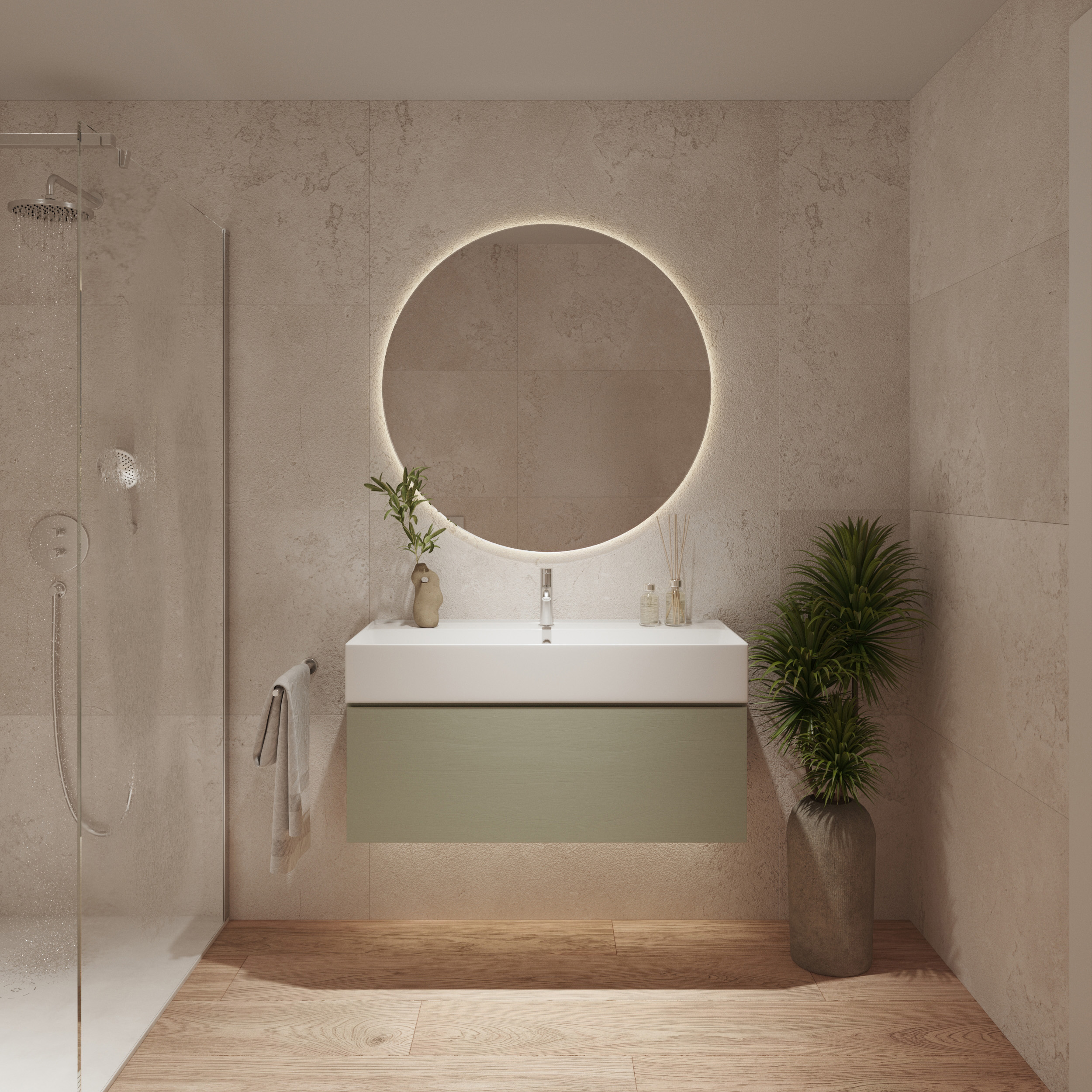 Bathroom in microcement with round mirror