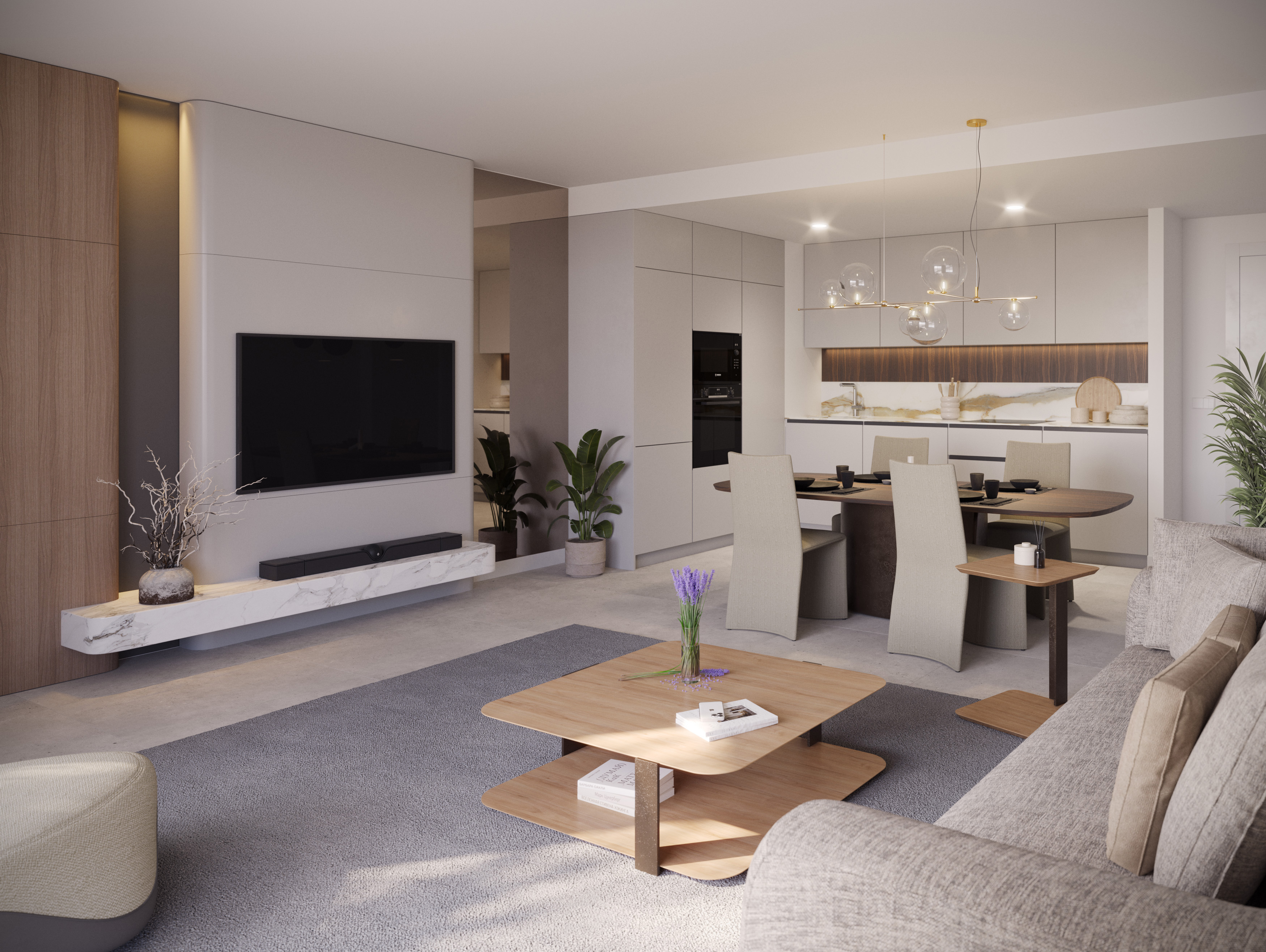 Open-plan living and dining area of a one-bedroom residence