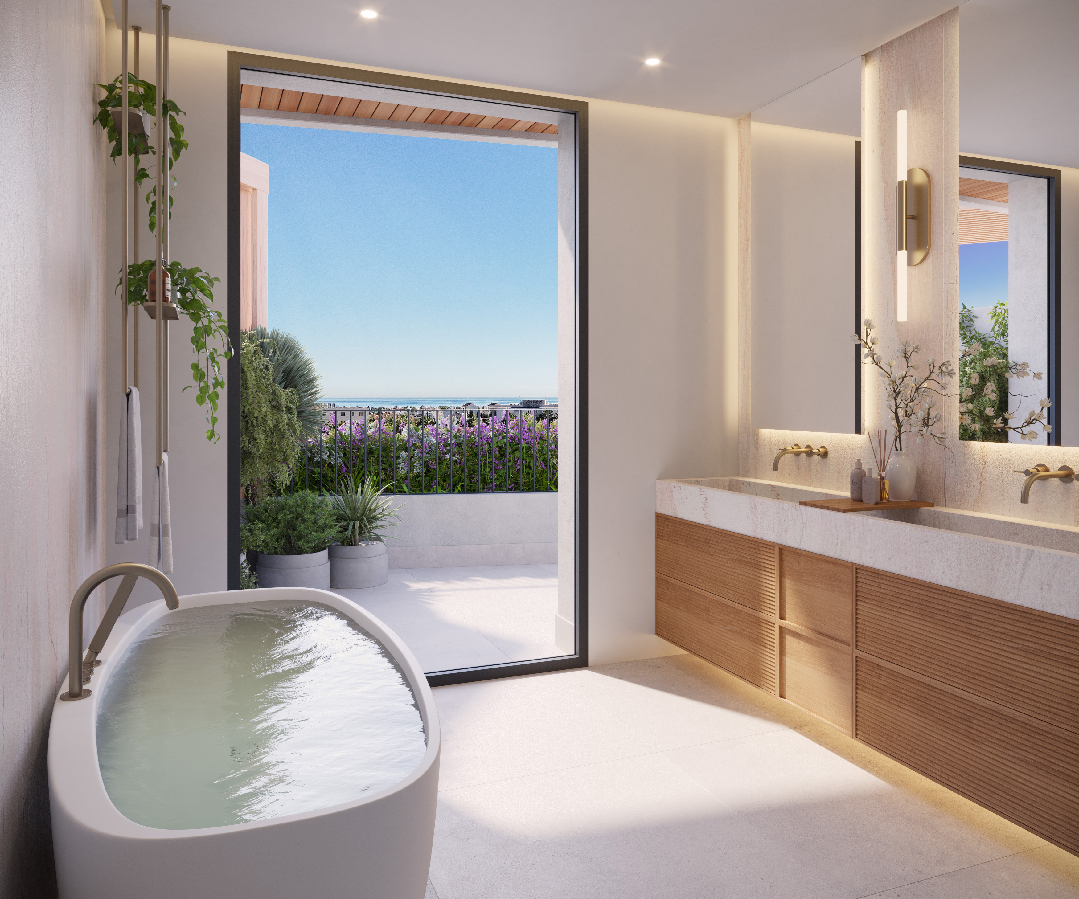 Bathroom with freestanding bath and private patio